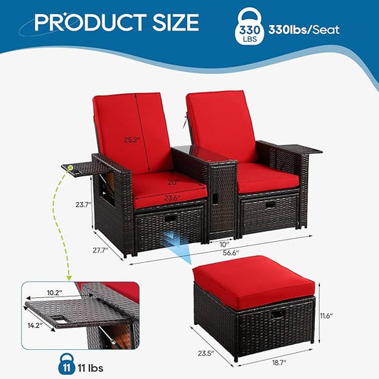 5PCS Outdoor Wicker Chaise Lounge Chair - Rattan Adjustable Reclining Patio Lounge Chair with Ottoman and Coffee Table, for Patio Beach Pool Backyard (Brown Wicker Red Cushion)