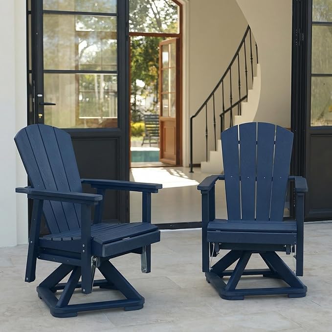 HDPE Swivel Glider Chair Outdoor, Weather Resistant Adirondack Outside Rocking Chair, Wooden Textured Outdoor Swivel Chair Set of 2 for Porch, Balcony, Poolside, Backyard (Navy Blue)