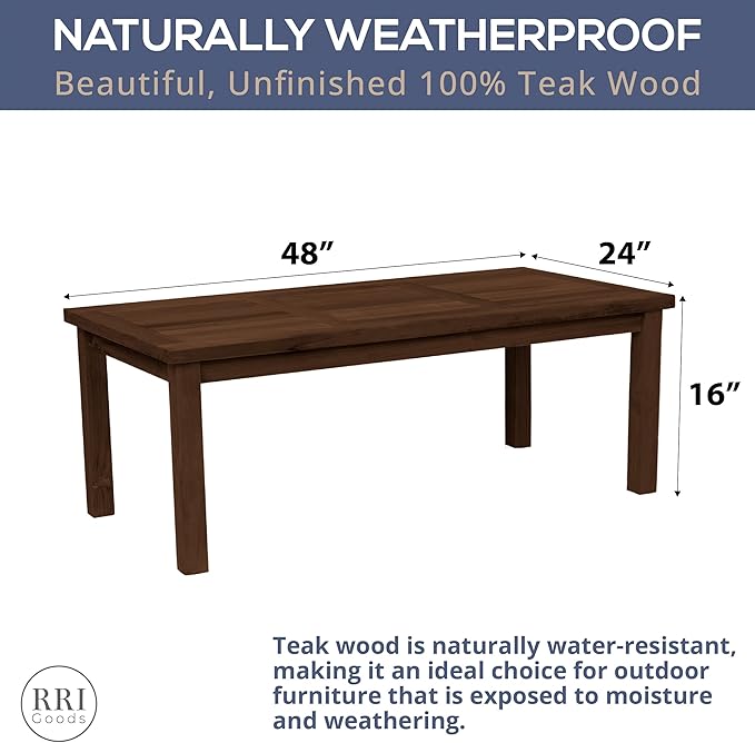 Teak Outdoor Coffee Table - Premium Grade A Teak Wood Patio Furniture, Teak Oil Finish 24"x48" Rectangular Table for Patio, Balcony, Lawn, Deck, Backyard, Terrace