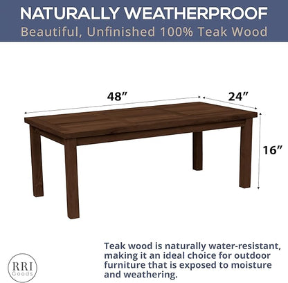 Teak Outdoor Coffee Table - Premium Grade A Teak Wood Patio Furniture, Teak Oil Finish 24"x48" Rectangular Table for Patio, Balcony, Lawn, Deck, Backyard, Terrace