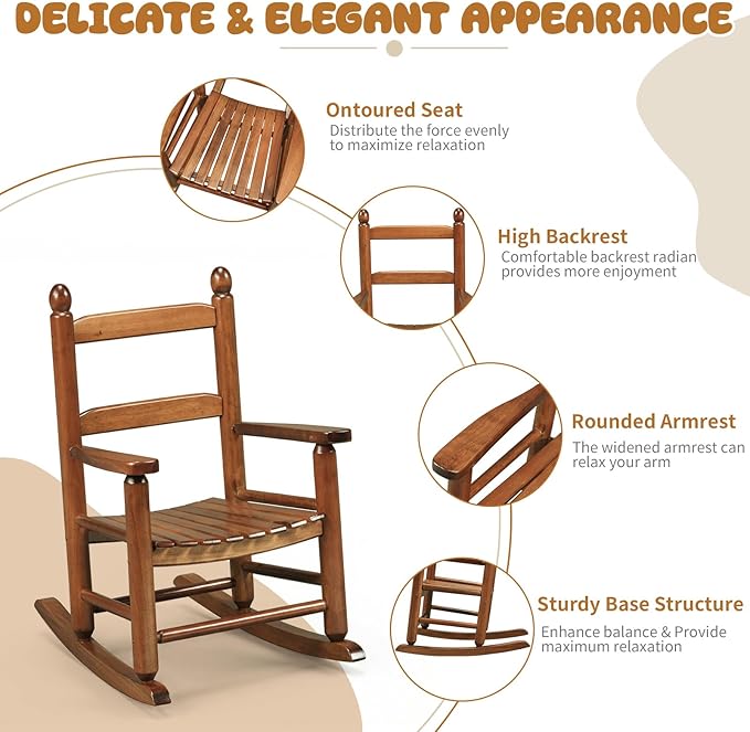 Outvita Kids Rocking Chair, Ergonomic Sturdy Toddler Rocking Chair with High Backrest & Rounded Armrests, Safe Solid Wood Baby Rocker Chair for Age 3-6, Outdoor, Living Room, Reading Room(Brown)