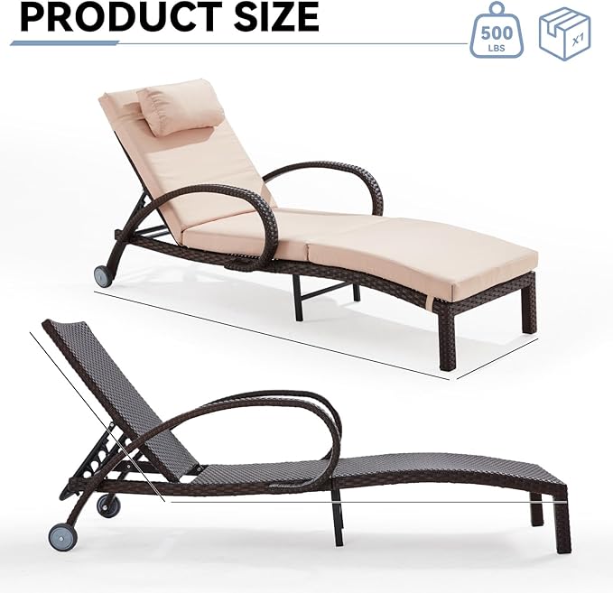 Pool Outdoor Lounge Chairs Set of 2,Outdoor Chaise Lounge w/ 5 Adjustable Back,Wicker Patio Pool Lounge Chair with Wheels for Poolside Deck Lawn,Khaki