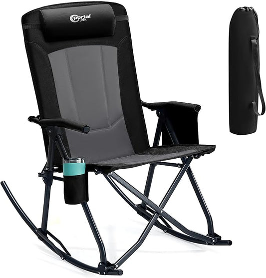 PORTAL Oversized Folding Rocking Camping Chair Portable Outdoor Rocker with High Back Hard Armrests Carry Bag, Supports 400 lbs