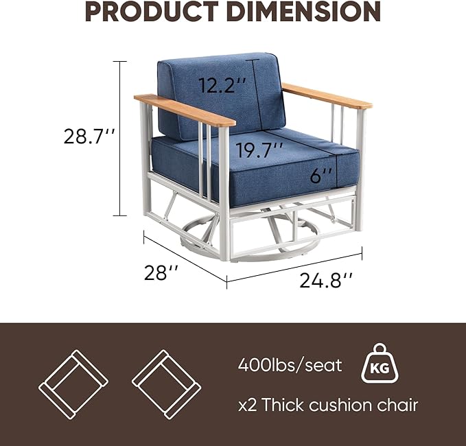 6-inch Thick Cushion Outdoor Furniture Set, 2-Piece Swivel Chair Set, PE Material, with Wood Grain armrests and trapezoidal backrest, Suitable for Indoor and Outdoor Balcony Seating, White | Blue
