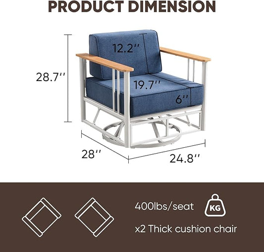 6-inch Thick Cushion Outdoor Furniture Set, 2-Piece Swivel Chair Set, PE Material, with Wood Grain armrests and trapezoidal backrest, Suitable for Indoor and Outdoor Balcony Seating, White | Blue