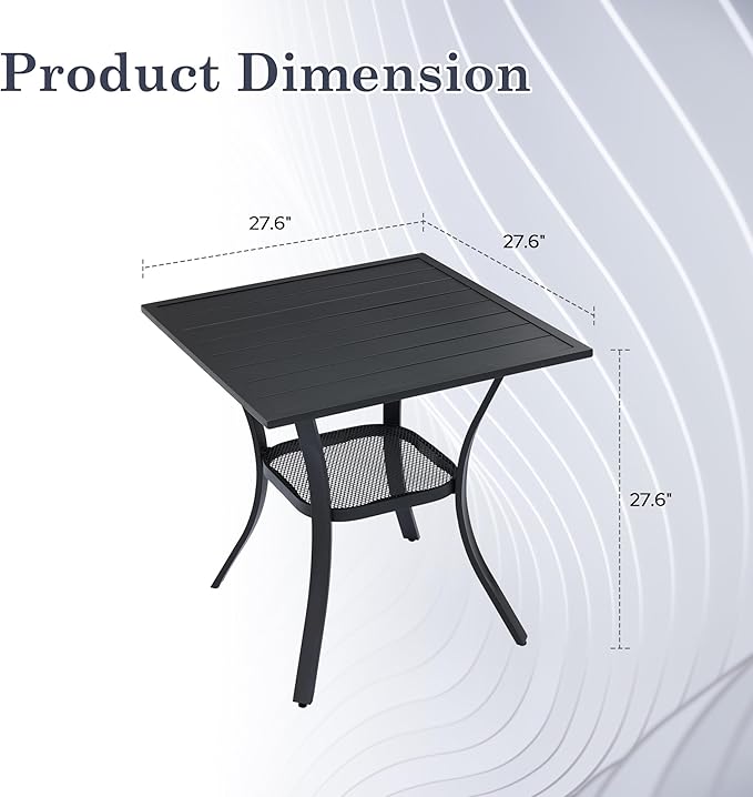 Outdoor Dining Table with Storage Shelf, 27.5" All-Weather Square Patio Dining Table for 2, Metal Patio Table for Garden Lawn Porch Deck Yard, Black