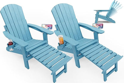 YEFU Adirondack Chair with Retractable Ottoman: Folding Adirondack Chairs Set of 2-5-Level Adjustable Backrest with Footrest - Fire Pit Chairs - 2 Cup Holder - Outdoor Plastic Chair for Patio(Blue)