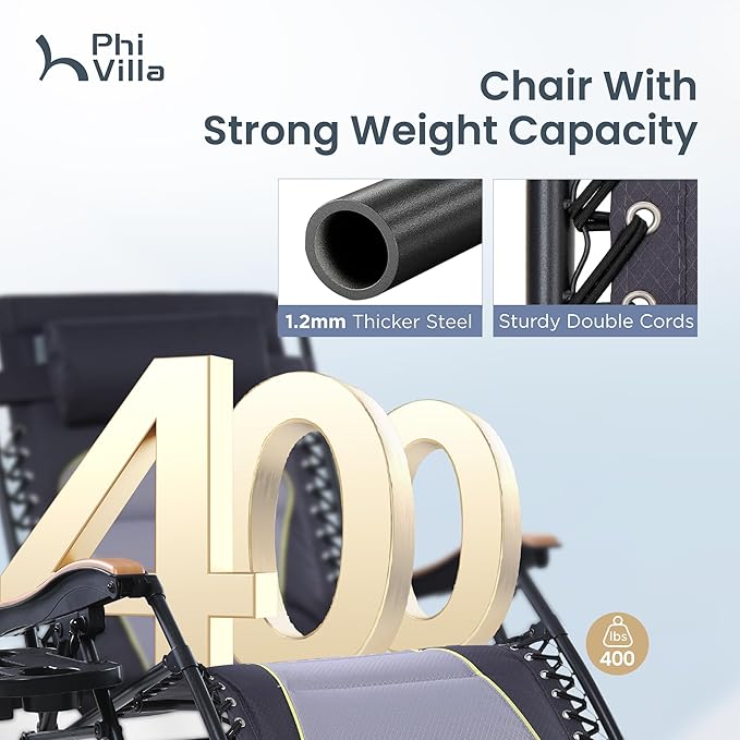 PHI VILLA XXL Oversized Padded Zero Gravity Chair Set of 2, Foldable Patio Recliner, 30" Wide Seat Anti Gravity Lounger with Armrest and Cup Holder, Support 400 LBS (Grey Accents)