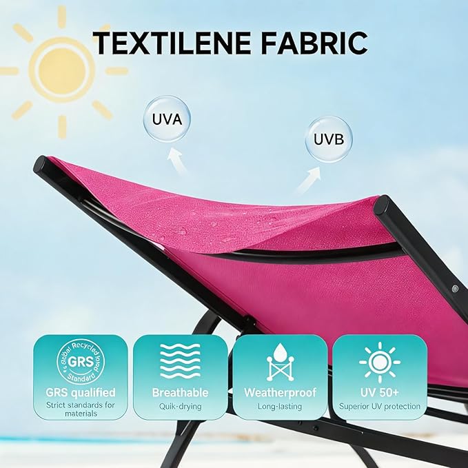 Simple Delxue Folding Chaise Lounge Chair with 5 Reclining Positions, Beach Recliner Chair with Armrests - Photo 7