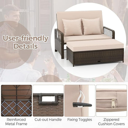 LDAILY Moccha Outdoor Daybed, PE Rattan Double Chaise Lounge w/ 4-Level Adjustable Back, Storage Ottoman, Cushions & Pillows, Separated Seating, Wicker Sunbed for Garden Patio Furniture Set (Beige)