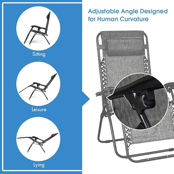 Giantex 3 PCS Zero Gravity Chair Patio Chaise Lounge Chairs Outdoor Yard Pool Recliner Folding Lounge Table Chair Set (Gray)