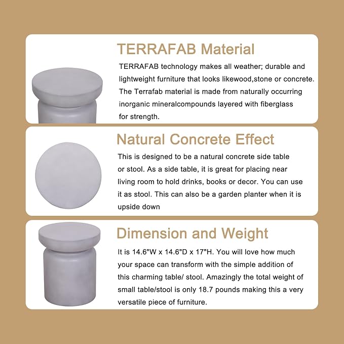 Afterglow Terrafab Concrete Look Side Table End Table Natural Decorative Garden Stools for Living Room Bedroom Patio - Photo 6
