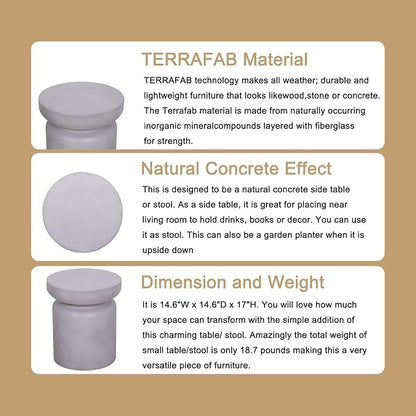 Afterglow Terrafab Concrete Look Side Table End Table Natural Decorative Garden Stools for Living Room Bedroom Patio Home Decor, Size: Ф14.6”* 17”H, Grey