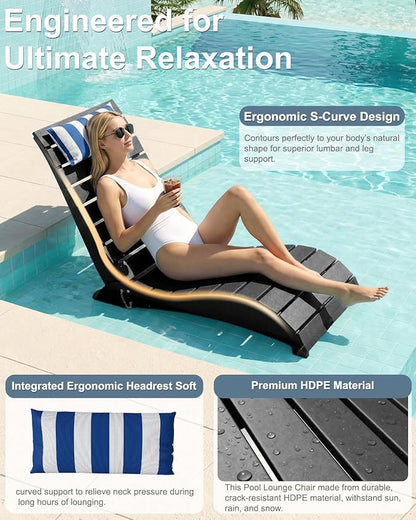 Pool Lounge Chairs Set of 2, HDPE Adjustable Chaise Chairs with Headrest, Weighted Fade-Resistant Pool Chairs and Lounger for Baja Ledge，Poolside and Deck, Black