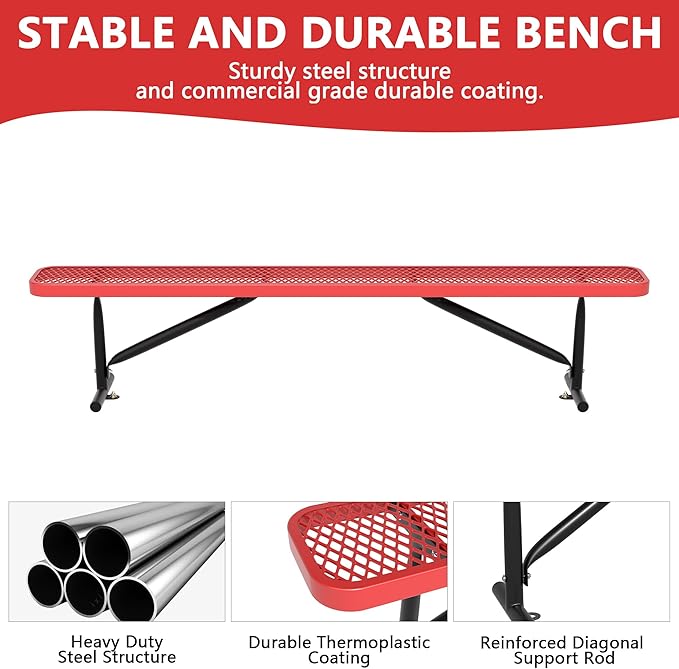 8FT Metal Park Bench for Outside, All-Weather Thermoplastic Coating Outdoor Bench with Anchor, Commercial Heavy Duty Benches for Shopping Malls, Stores, Parks, Patios, Decks, Red