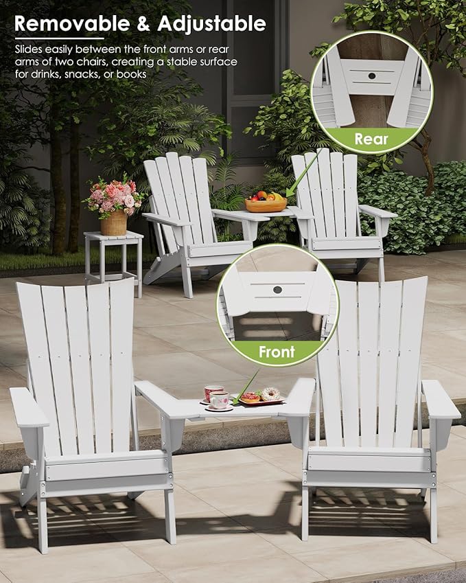 GREENVINES Folding-Adirondack-Chairs-Set-of-2 | HDPE Plastic | Arch Series | Fire Pit Chair | with Connecting Tray | Removable Table | All Weather | for Outdoor Patio Deck Poolside | White
