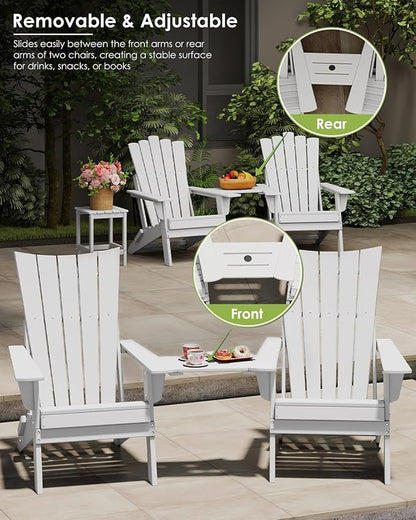 GREENVINES Folding-Adirondack-Chairs-Set-of-2 | HDPE Plastic | Arch Series | Fire Pit Chair | with Connecting Tray | Removable Table | All Weather | for Outdoor Patio Deck Poolside | White
