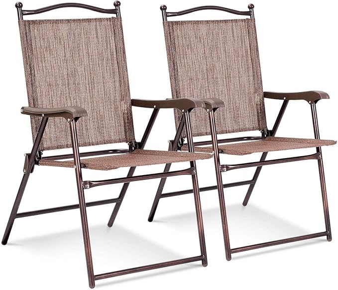 Giantex Set of 2 Patio Folding Chairs, Outdoor Patio Dining Chairs w/Armrest, Sling Back, Metal Frame - Photo 1