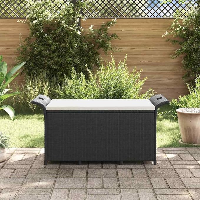 Garden Bench Black Polyethylene with Rattan Look Park Bench Outdoor Seating for Lawn Courtyard