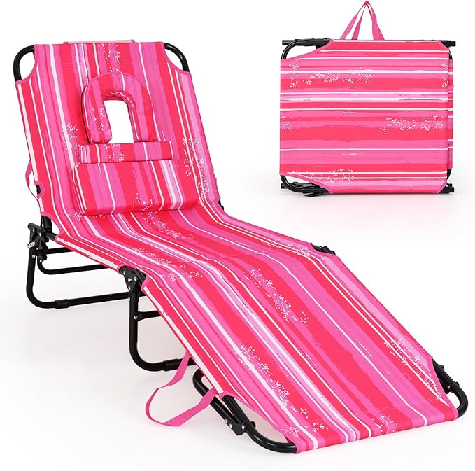 GYMAX Tanning Chair, 330lbs Beach Lounge Chair with Face Hole, Washable Pillow & Carry Strap, Adjustable Folding Chaise Lounge, Layout Lounger for Outside, Patio, Poolside, Lawn (1, Pink Stripe)