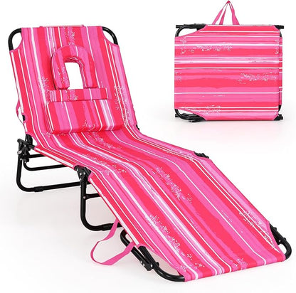 GYMAX Tanning Chair, 330lbs Beach Lounge Chair with Face Hole, Washable Pillow & Carry Strap, Adjustable Folding Chaise Lounge, Layout Lounger for Outside, Patio, Poolside, Lawn (1, Pink Stripe)