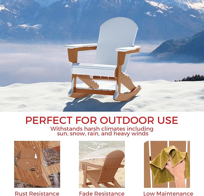 Costaelm Outdoor Adirondack Chair Set of 2, All Weather Resistant Classic Balcony Chair and Fire Pit Chairs, Adirondack Plastic Outdoor Porch Furniture Rocking Chair High Back HDPE Poly Lumber, Teak