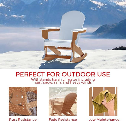 Costaelm Outdoor Adirondack Chair Set of 2, All Weather Resistant Classic Balcony Chair and Fire Pit Chairs, Adirondack Plastic Outdoor Porch Furniture Rocking Chair High Back HDPE Poly Lumber, Teak