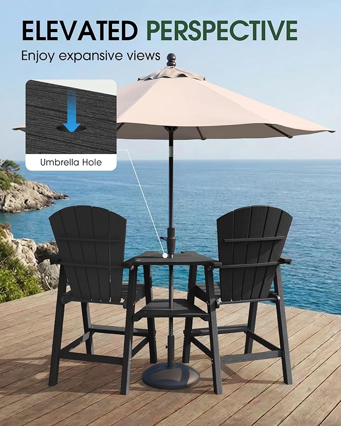 Tall Adirondack Chairs Set of 2, HDPE High Adirondack Chairs with Double Removable Trays, All Weather Outdoor Barstools for Patio, Balcony, Backyard, Deck and Garden, Black
