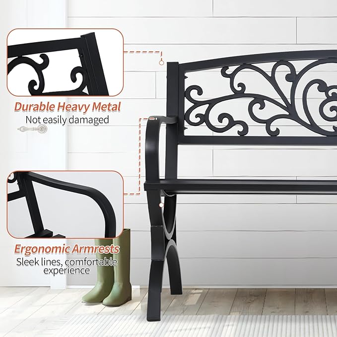 Outdoor Bench Patio Garden 50 Inches Metal Porch Furniture Loveseat, Front Porch Bench with Armrests Patterned Backrest Slatted Seat for Park, Porch, Yard, Lawn, Balcony, Black