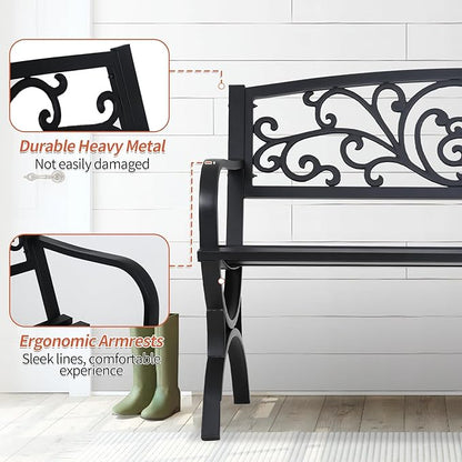 Outdoor Bench Patio Garden 50 Inches Metal Porch Furniture Loveseat, Front Porch Bench with Armrests Patterned Backrest Slatted Seat for Park, Porch, Yard, Lawn, Balcony, Black