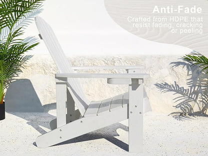 Y&M Adirondack Chair Set of 4, White Fire Pit Chairs, Outdoor Patio Chairs with Cup Holder, Weather Resistant HDPE Wooden Textured Patio Chairs, Perfect for Garden, Lawn, Deck, or Poolside