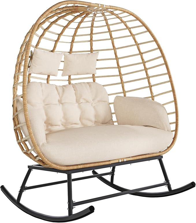 SWITTE Double Wicker Egg Rocking Chair Outdoor, Indoor Egg Swing Loveseat with Thick Cushions - Photo 1
