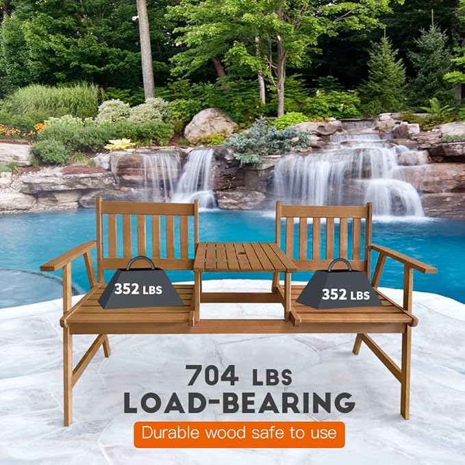 FDW Outdoor Patio Bench Wood Garden Bench Park Bench Acacia Wood with Table for Pool Beach Backyard Balcony Porch Deck - Photo 6