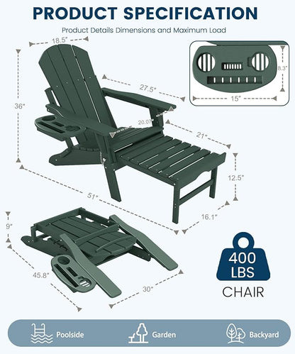 FOOWIN Folding Adjustable Adirondack Chair with Retractable Ottoman Set of 2, HDPE Adirondack Chair w/4 in 1 Cup Holder Trays,All-Weather Resistant Fire Pit Chair for Outdoor Patio Lawn, Dark Green