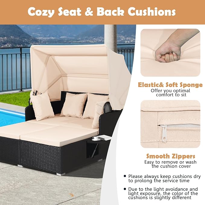 Moccha Outdoor Daybed with Retractable Canopy, Wicker Cabana with 2 Side Tables & Soft Cushions - Photo 6