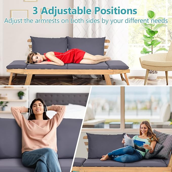 DORTALA Patio Convertible Couch Sofa Bed, Acacia Wood Daybed with Adjustable Armrest, Collapsible Chaise Lounge w/Cushions & Pillows, Grey