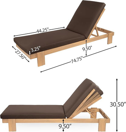 Christopher Knight Home Duska Acacia Wood Chaise Lounge Chair Outdoor, Patio Outdoor Chaise Lounge with Cushions, Adjustable Backrest Single Lounge Sofa, Poolside Seating, Teak+Brown