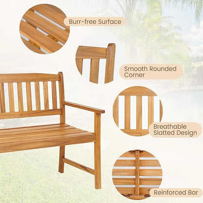 HAPPYGRILL Patio Wood Bench with Ergonomic Backrest & Armrest, 2-Person Outdoor Bench, All-Weather Acacia Wood Frame, Loveseat Outside Bench for Garden Balcony Poolside Porch Deck