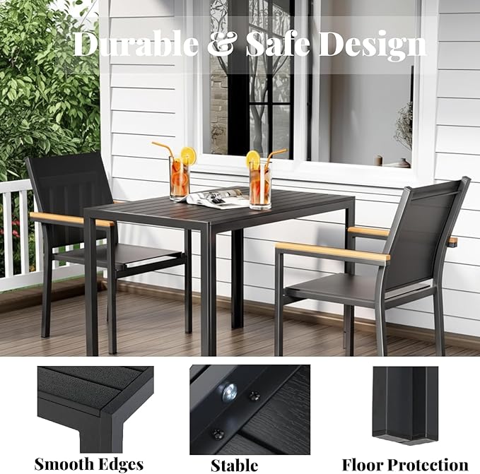LIFERUN Outdoor Patio Table for 4-6 Person, 43×28in Rectangle Outdoor Dining Table with Wooden-Like Top and Aluminum Frame, Heat and Weather Resistant, Ideal for Garden, Patio, Poolside, Porch, Black