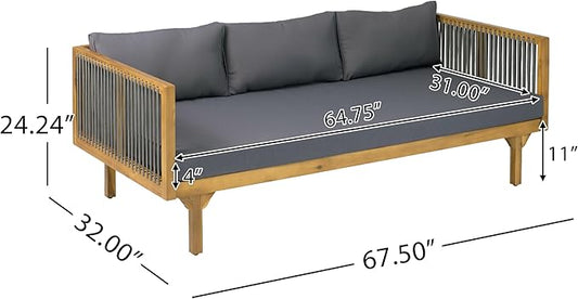 Merax Outdoor Acacia Wood Conversation Set - Patio 3-Seat Loveseat Sofa w/Coushion and Round Coffee Table for Backyard, Lawn, Balcony, Water Repellent, 600 lbs Sofa Capacity, Teak + Gray