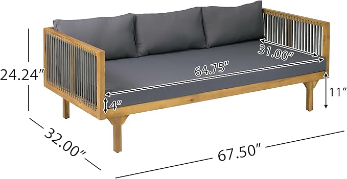Merax Acacia Wood Outdoor Patio Loveseat Sofa w/Coushion and & Light Brown Rope, 3-Seater Sofa Daybed for Backyard, Lawn, Deck, Balcony, Water Repellent Fabric, 600 lbs Capacity,Teak + Gray