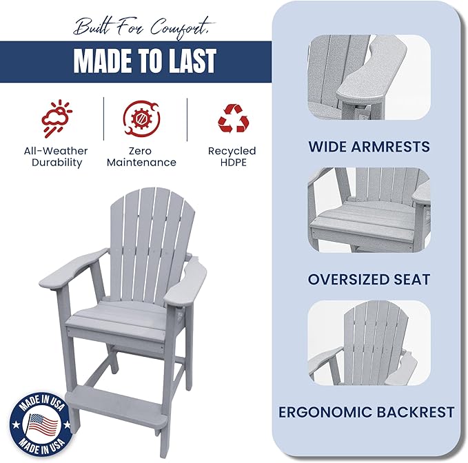 Phat Tommy Tall Adirondack Chair - HDPE Outdoor Furniture - Poly Adirondack Bar Stool - Heavy, Stress Free Furniture for Balcony, Deck, Patio, Front Porch, Grey