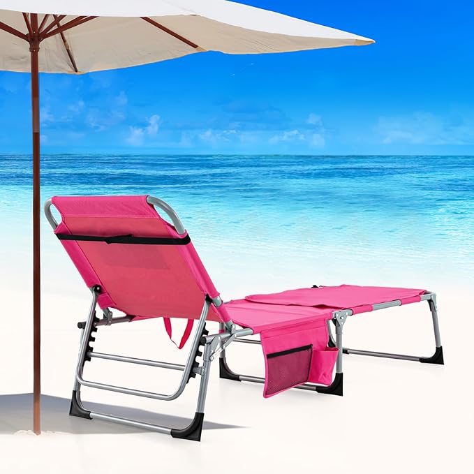 Goplus Tanning Chair, Folding Outdoor Beach Lounge Chair with Face & Arm Hole, Carrying Strap, Pillow - Photo 2