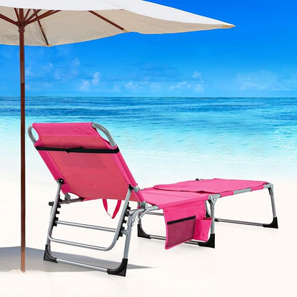 Goplus Tanning Chair, Folding Outdoor Beach Lounge Chair with Face & Arm Hole, Carrying Strap, Pillow, 5-Position Adjustable Chaise Lounge Chair Sunbathing Chair for Lawn Pool (2, Pink)