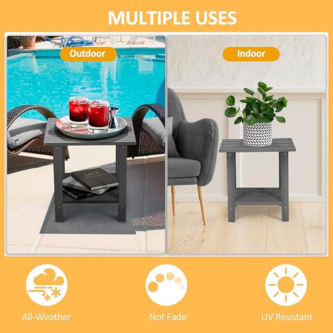 2 Tier Outdoor Side Table with Wood-Like Grain, 16.6" HDPE Adirondack Table Patio Side Table - Photo 7