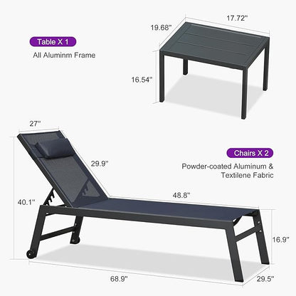 PURPLE LEAF Outdoor Oversized Lounge Chair Set Patio Chaise Pool Lounger Aluminum Frame with 2 Side Table and Wheels for Outside Sunbathing Tanning Recliner Including Pillows Navy Blue