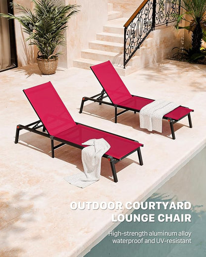 Aluminum Chaise Foldable Patio Lounge Chair Outdoor, Metal Deck Lounger Adjustable 5-Position Recliner Pool Chase Breathable Full Flat Outside Sun Tanning Chairs for Beach/Poolside/Lawn(Red, 1 Pack)