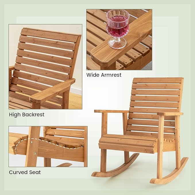 Giantex Wood Rocking Chair Outdoor - Outside Rocker with High Backrest, Wide Armrests, 330 Lbs Weight Capacity, Patio Rocking Chairs for Lawn, Backyard, Indoors, Deck, Garden, Porch Chair (1, Natural)