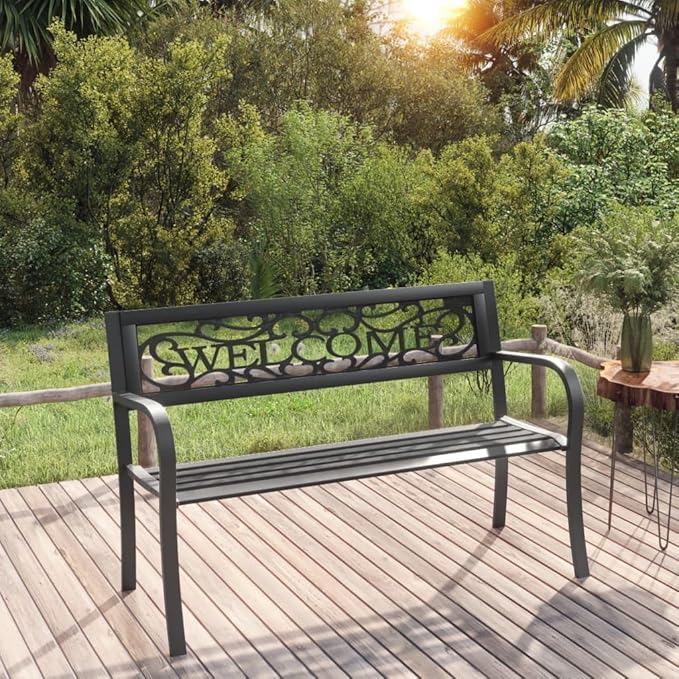 Classic Bench Vintage Black Powder-Coated Steel and Plastic Garden Seating for Outdoor Spaces, 49.2 Inch Length, Supports 529 Pounds, Durable and Easy to Clean