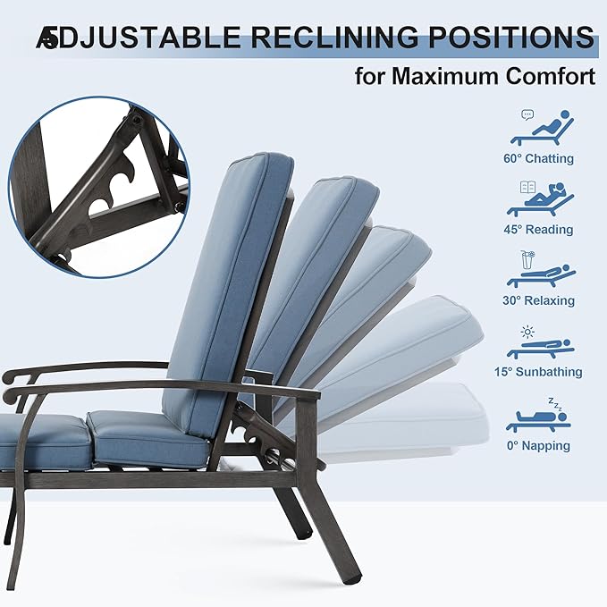 2 Chaise Lounge Chairs with 1 Side Table, Cast Aluminum Tanning Chair with Adjustable 5 Position Recliner - Photo 3